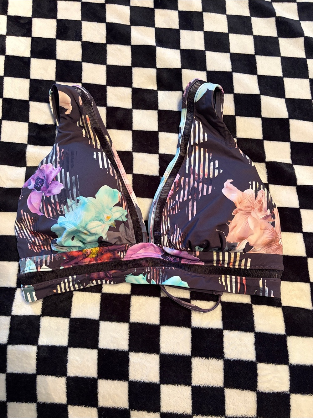 Calia Black Bikini Top with Pastel Floral Print